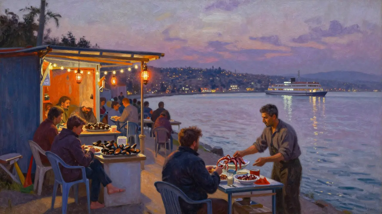 Locals eating seafood on a hillside street overlooking the Bosphorus at twilight.