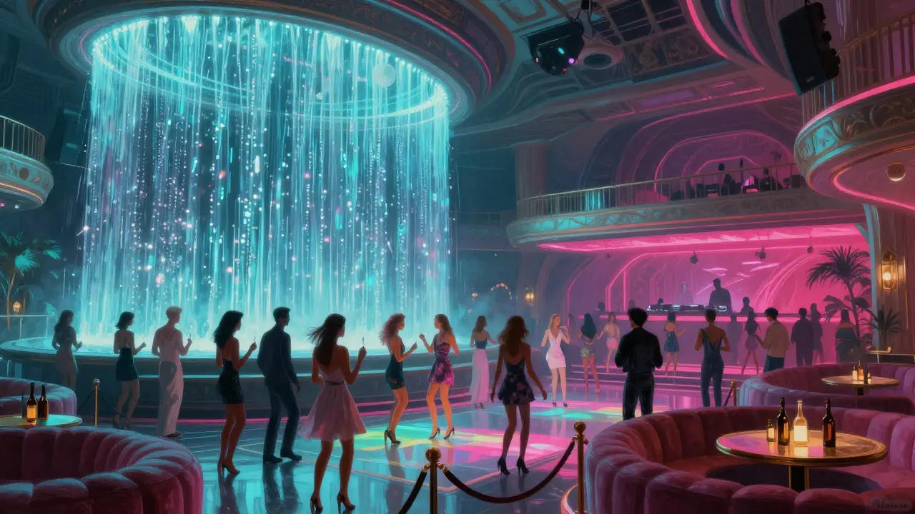Luxury nightclub with LED waterfalls and floating dance platforms under pulsing colored lights.