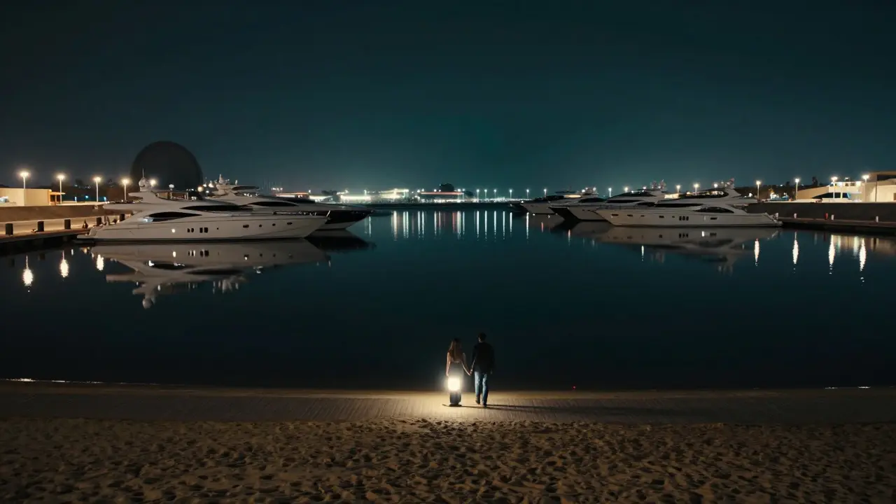 Midnight walk along Yas Marina with reflections of lights on still water and a couple strolling quietly.