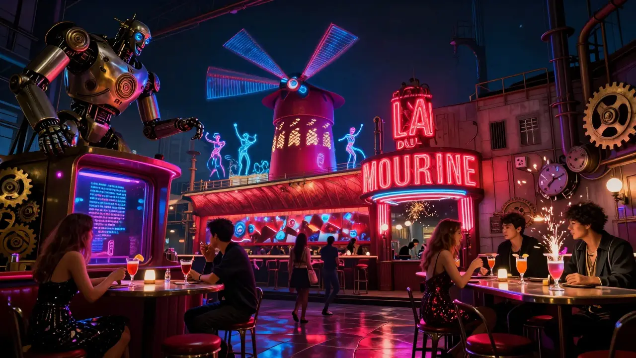 Neon-lit steampunk warehouse with mechanical robots and holographic dancers