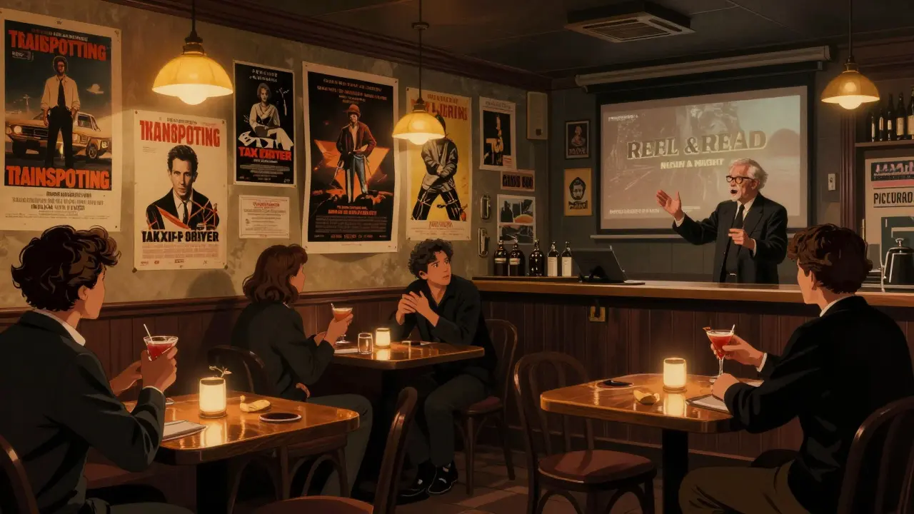 Patrons enjoy film-themed cocktails in a bar lined with vintage movie posters.