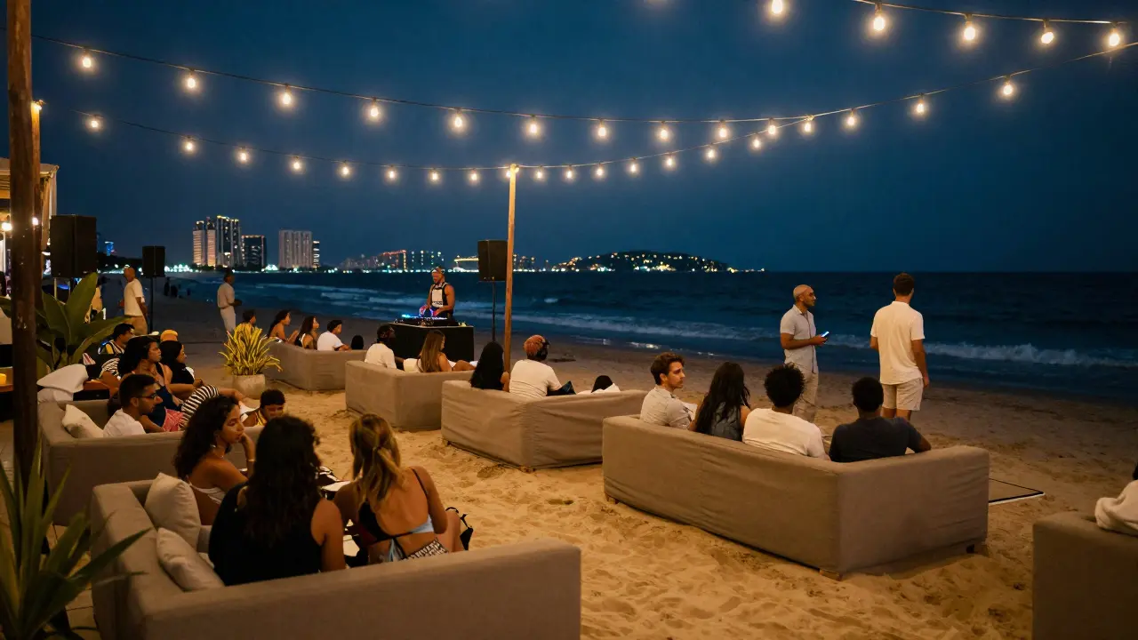 People enjoying music at a beachfront bar under string lights with waves in the distance.
