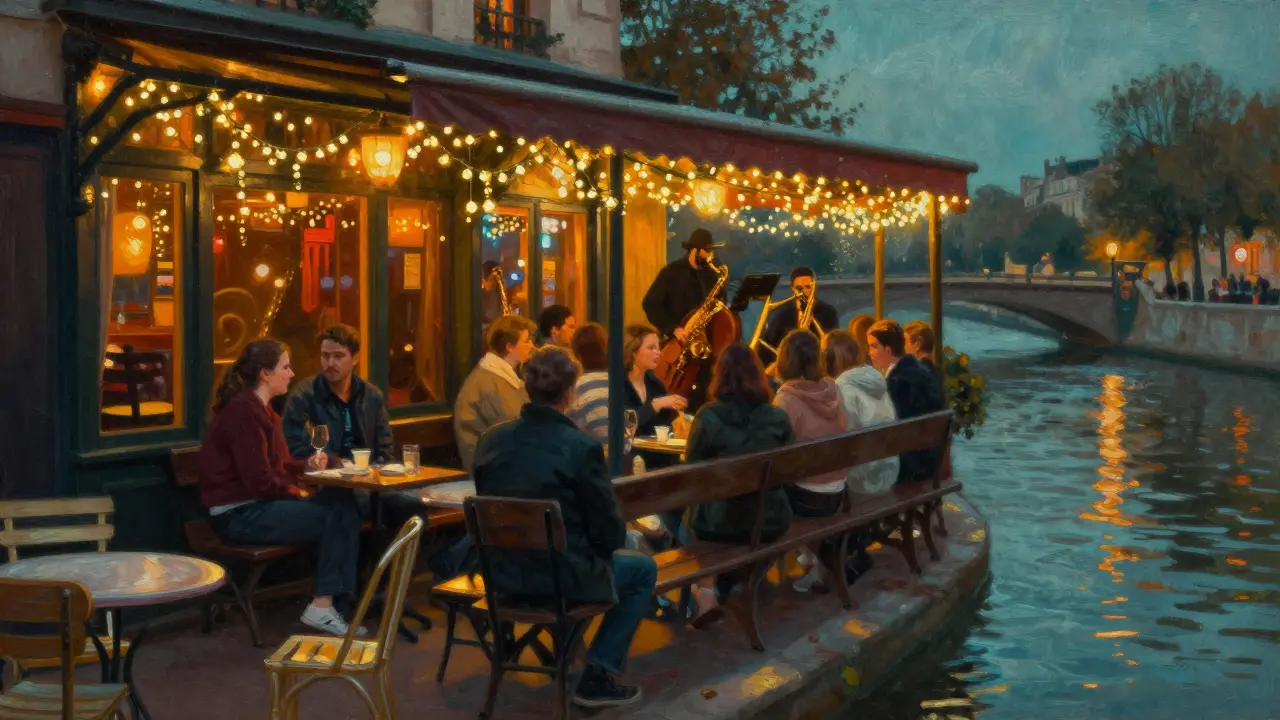 People relaxing by the Canal Saint-Martin under string lights at Le Comptoir Général with jazz playing nearby.