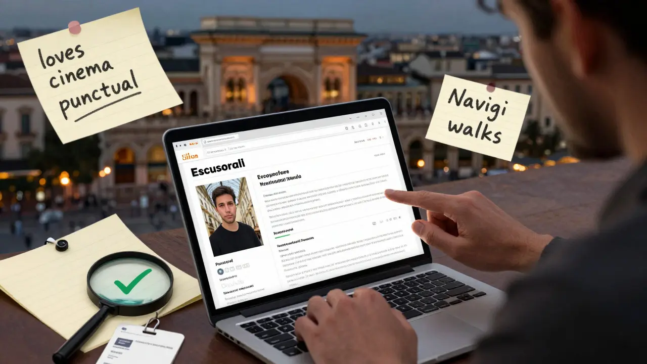 Person reviewing a detailed escort profile with notes and verified photo on laptop.