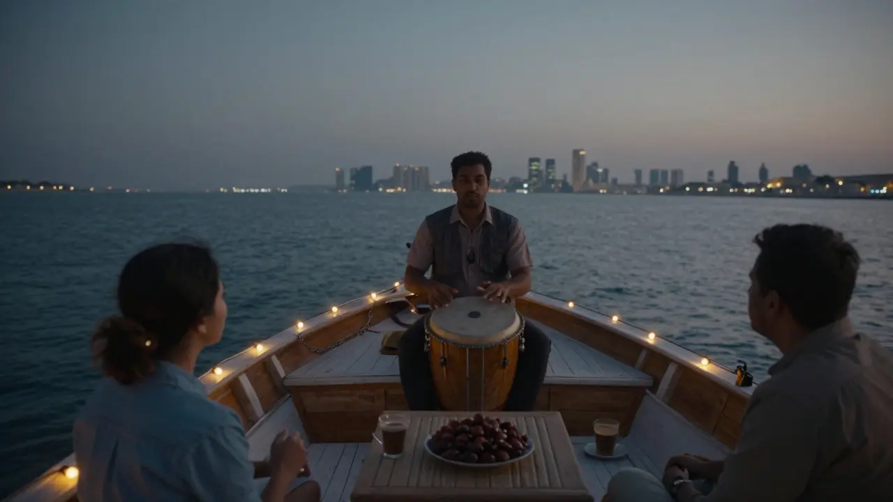 Private dhow cruise at midnight with string lights, percussionist, and passengers enjoying dates on calm waters.