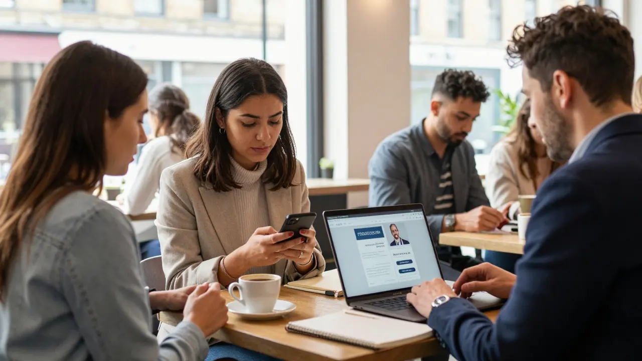Professionals meeting in a London café, one reviewing an escort profile on a laptop, natural daylight, casual attire.