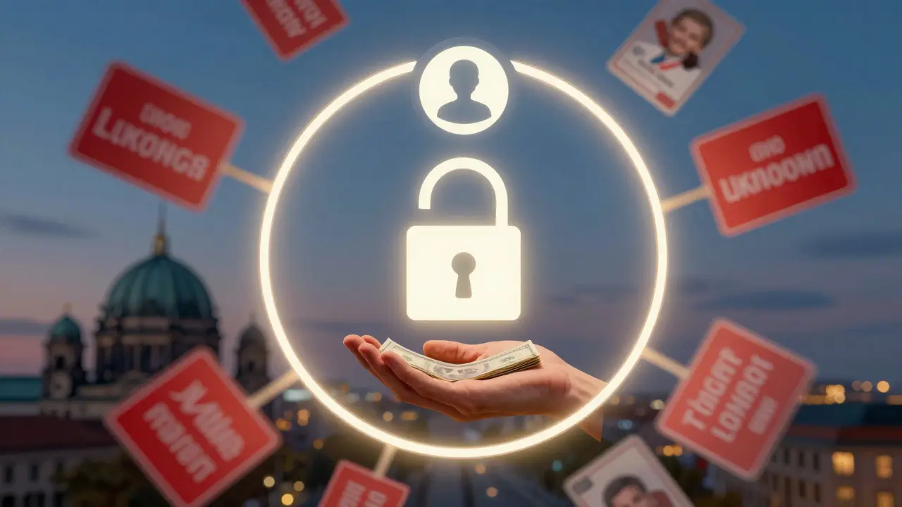 Protective circle with verified profile, padlock, and cash, pushing away red flag warnings against a Berlin skyline.