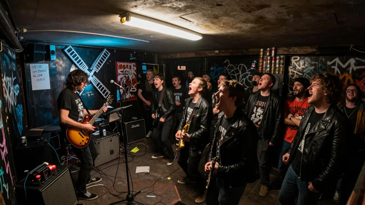 Raw punk band performing in a tiny, graffiti-covered basement venue with a lively crowd.