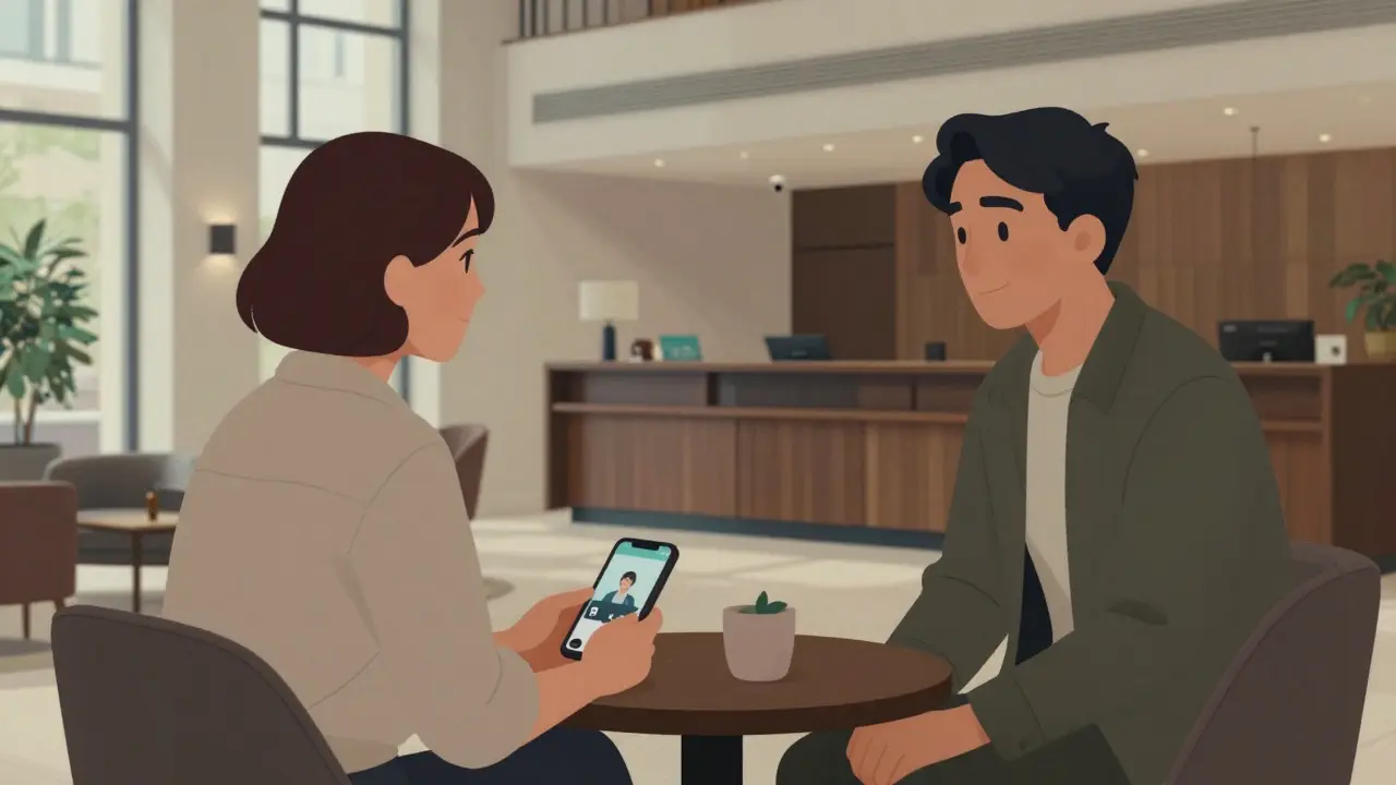 Respectful meeting in a modern Berlin hotel lobby with video call visible, no physical contact, natural lighting.