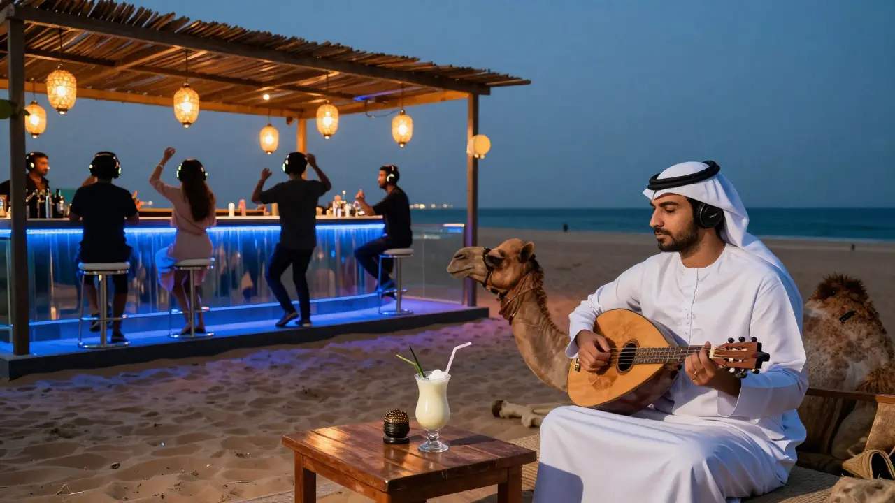 Silent disco on a beach at night with guests dancing under lanterns, beside a traditional oud player.