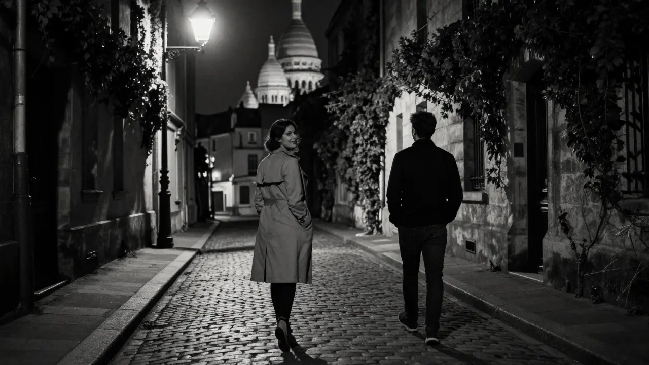 Silhouettes walking through a misty Montmartre alley at night, soft lamplight casting long shadows.