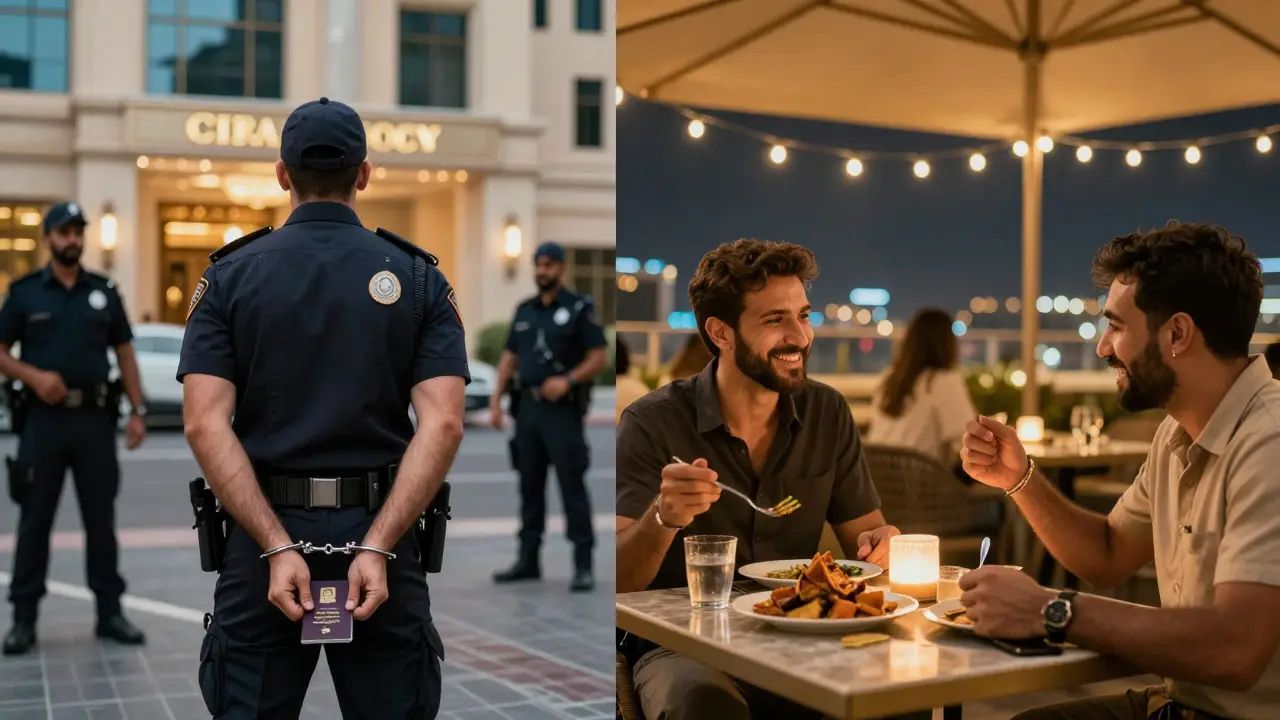 Split image: one side shows a man arrested by police, the other shows him happily socializing at a rooftop café.