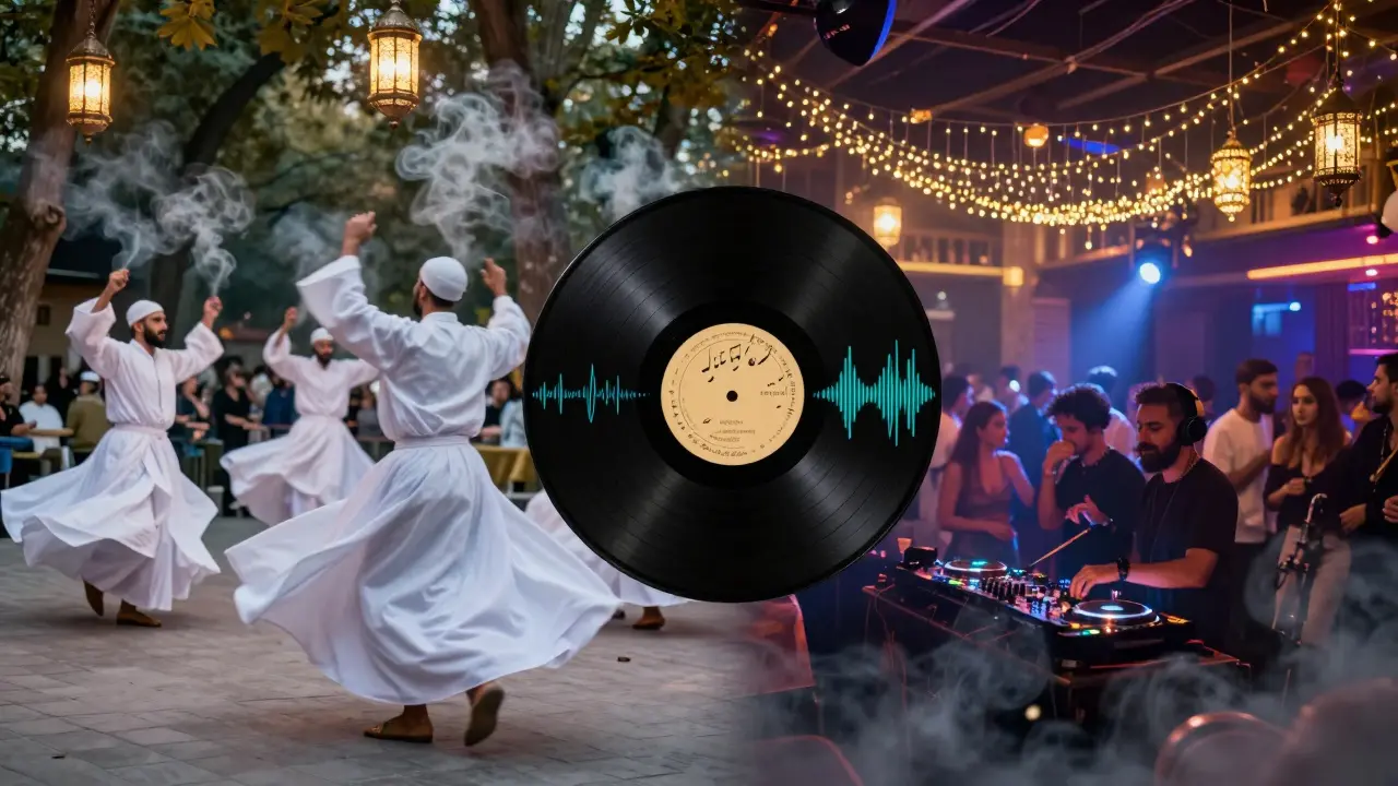Sufi dervishes spinning beside an underground club, symbolizing Istanbul's musical fusion.