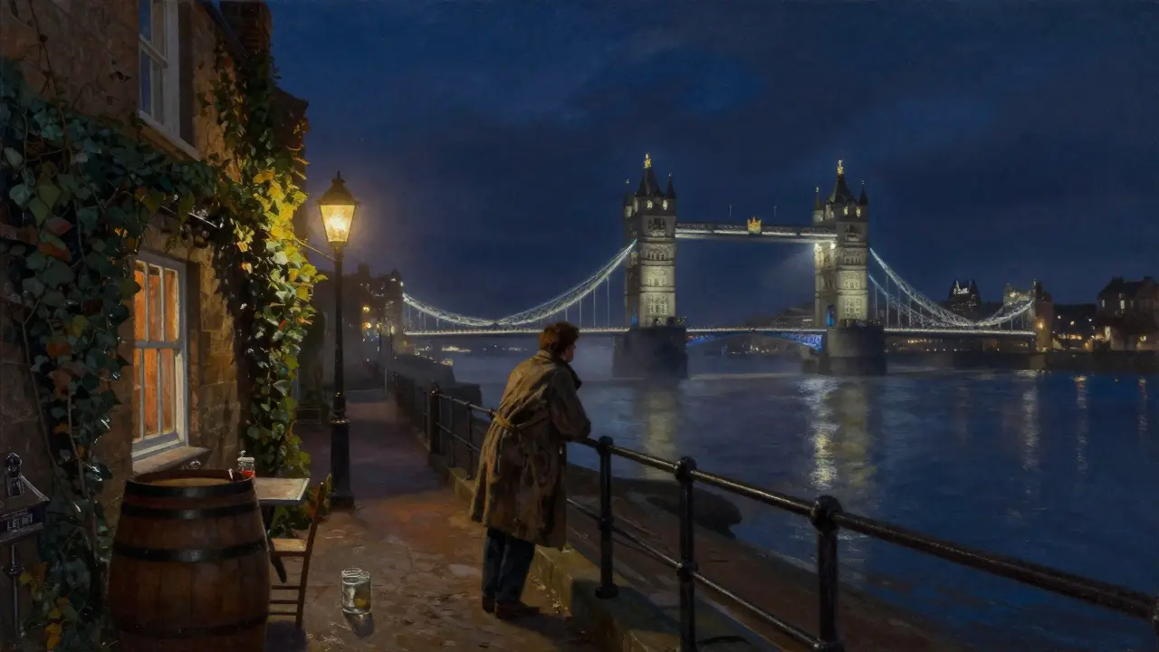 The Prospect of Whitby pub at night by the Thames with sailor on terrace.