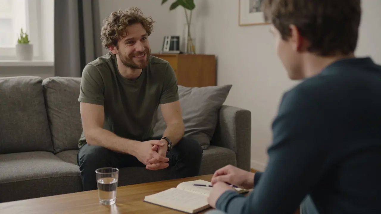 Two people engaged in respectful conversation in a private Berlin apartment, no physical contact.