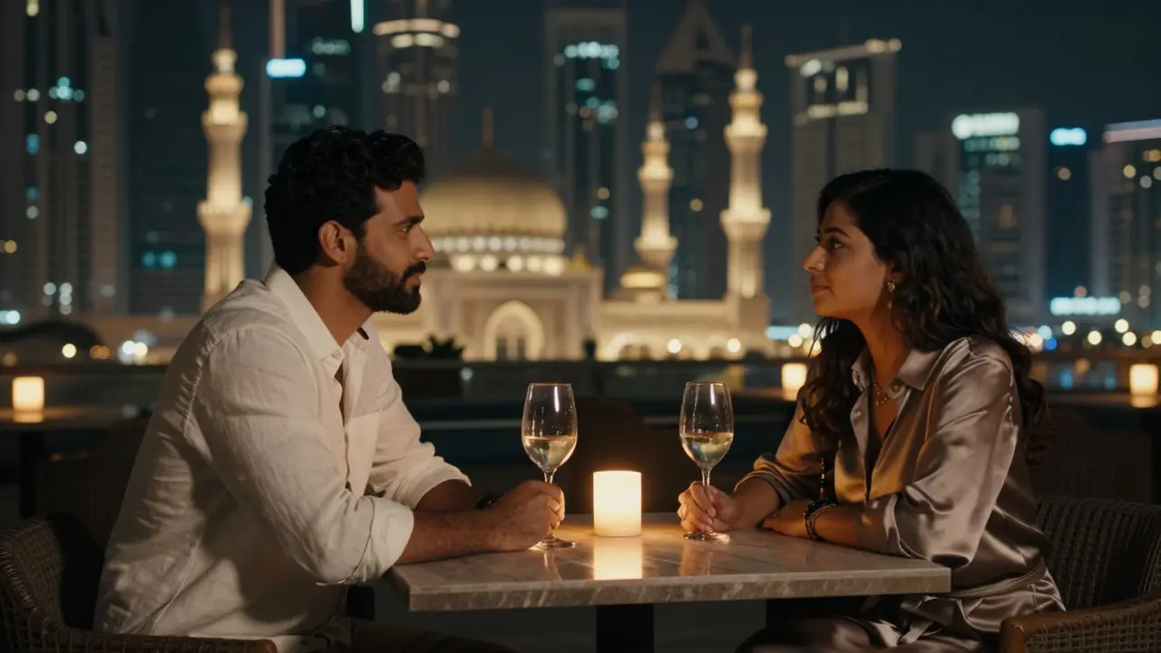 Two people enjoying a quiet evening at a rooftop bar with Abu Dhabi's skyline in the background.