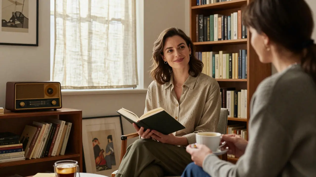 Two people enjoying coffee in a book-filled Paris apartment, natural light and quiet intimacy.