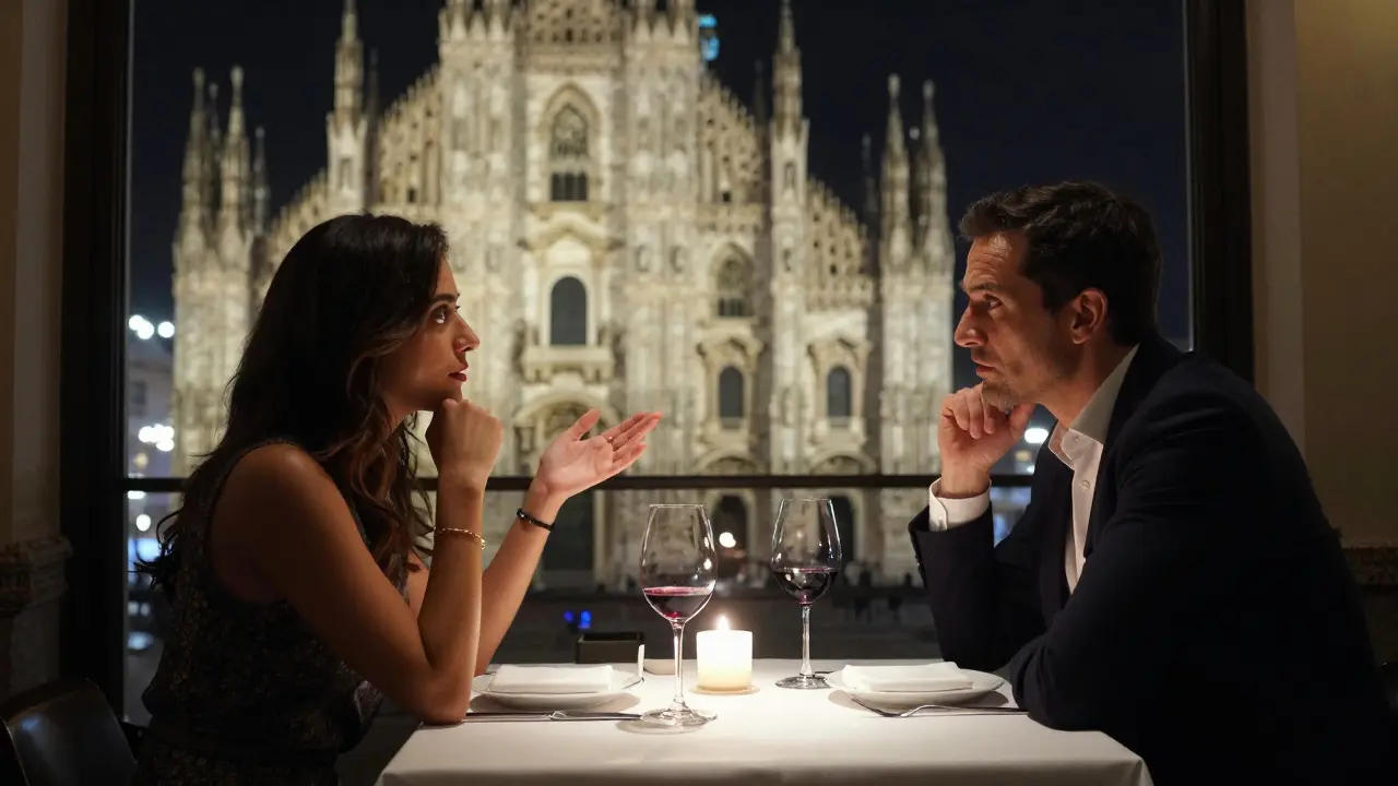 Two people having a quiet, thoughtful dinner in a Milan restaurant with the Duomo visible through the window.