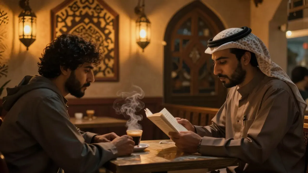 Two people in a quiet café at dusk, one reading poetry as steam rises from Arabic coffee.