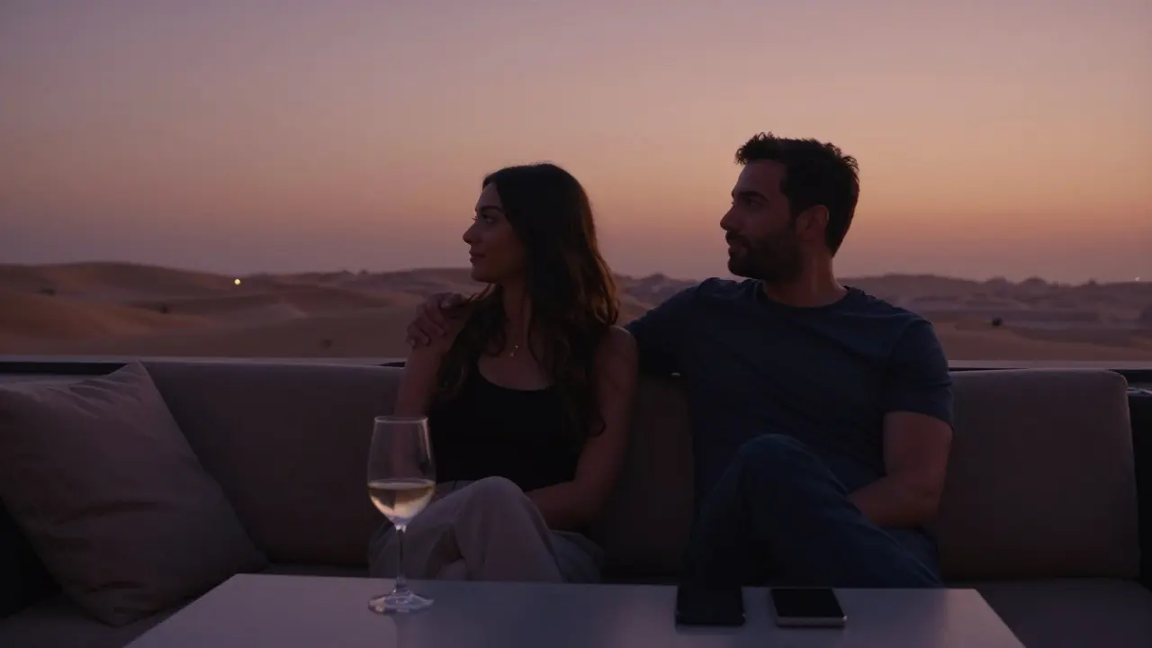 Two people quietly watching the desert sunset from a rooftop lounge in Dubai.