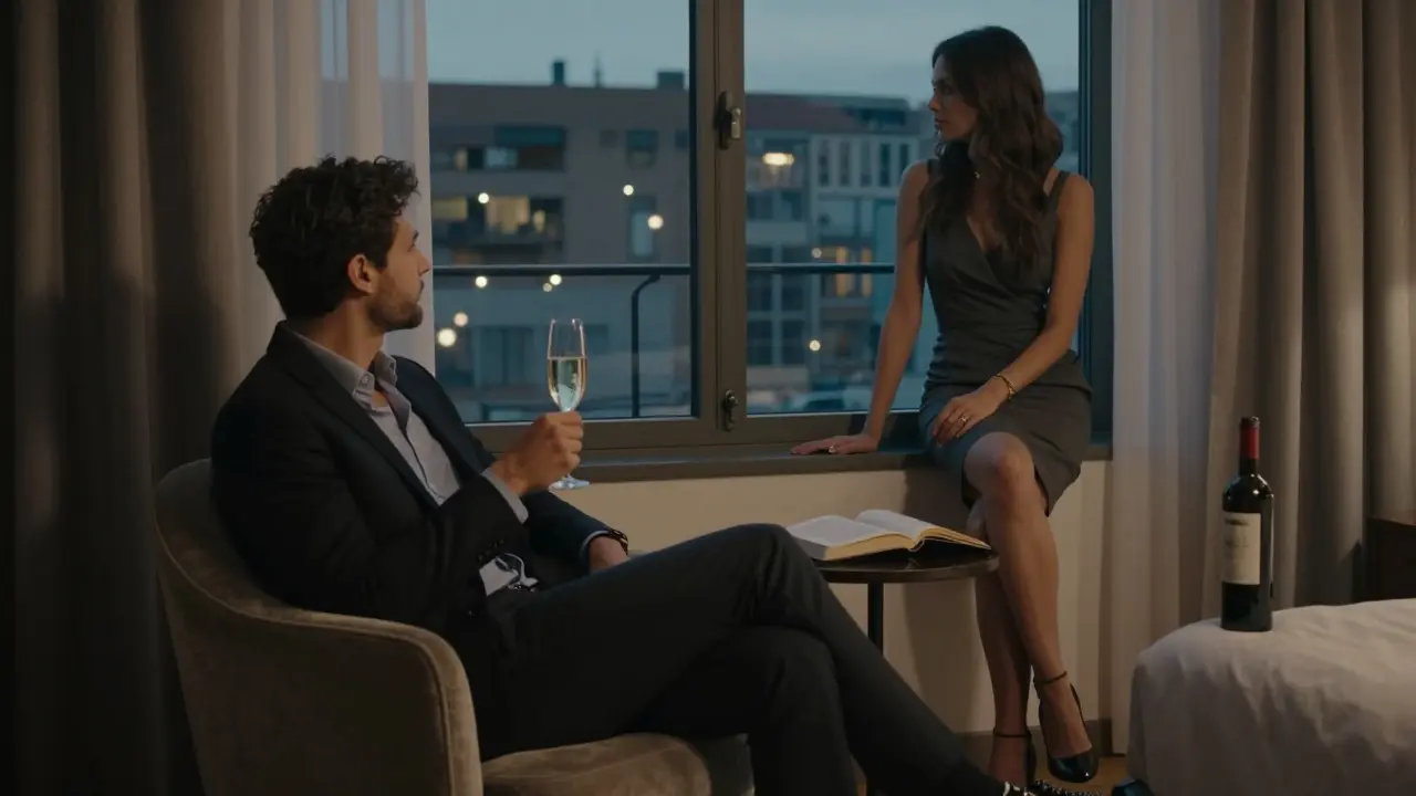 Two people share a quiet moment in a luxurious hotel room, gazing at Milan's city lights with calm intimacy.