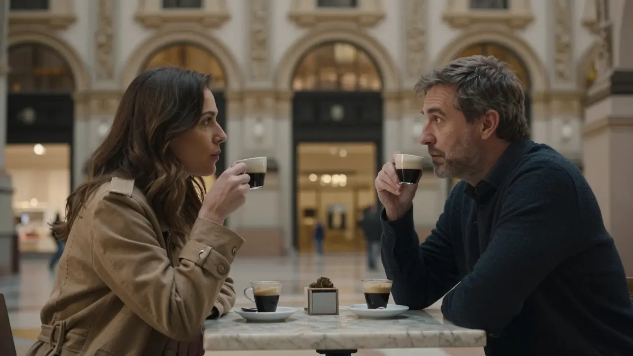 Two people sit across from each other in Galleria Vittorio Emanuele, their body language mirroring in silent connection.