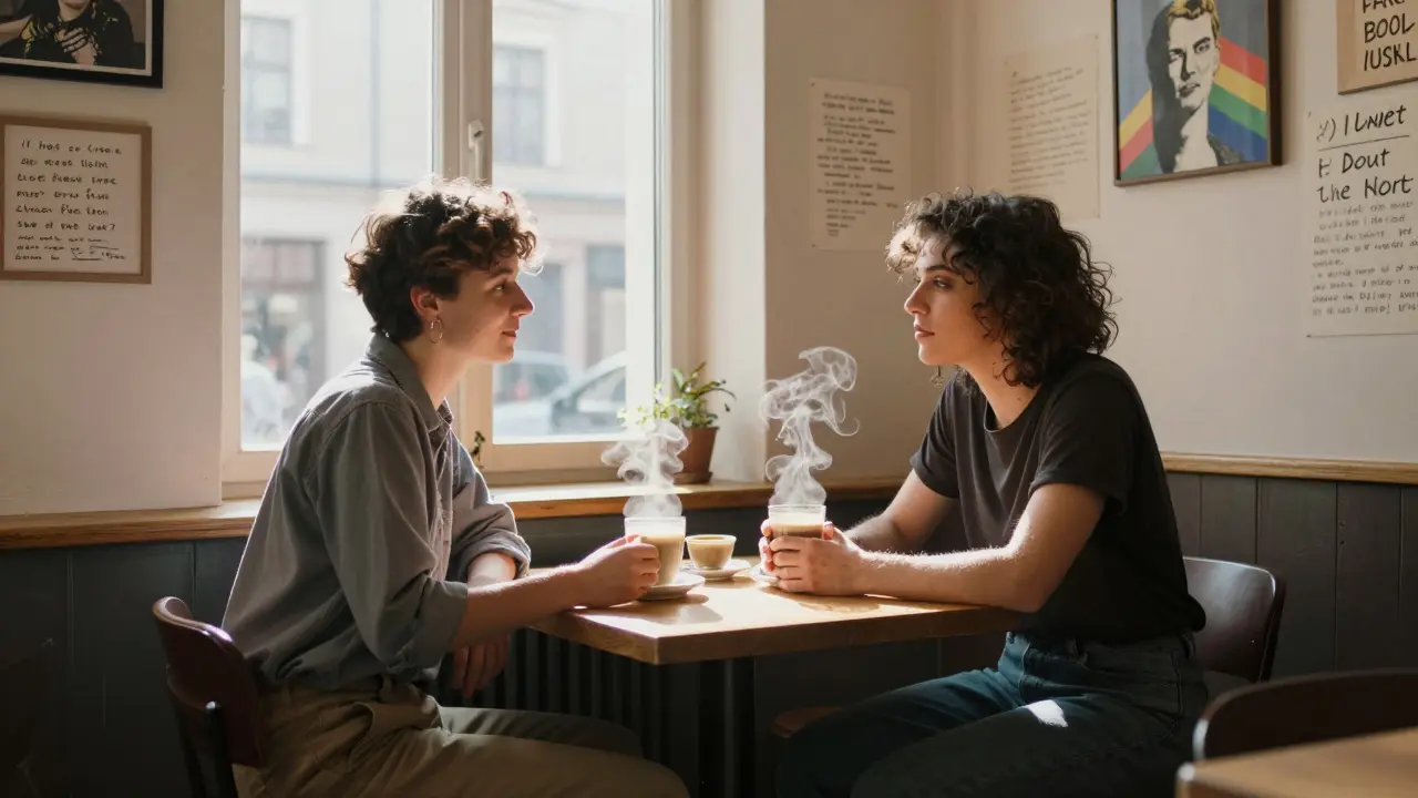 Two people sit in a cozy Berlin café, talking softly over coffee with warm sunlight streaming in.