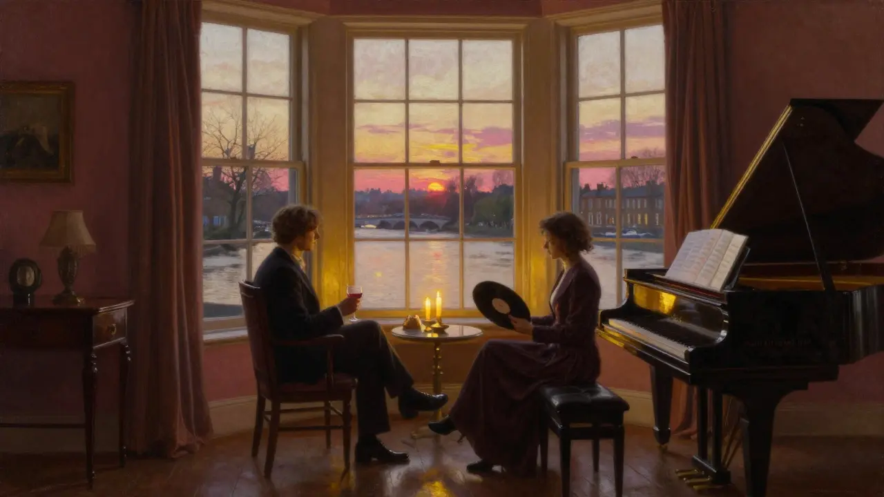 Two people sit in quiet reflection by a window in a historic townhouse, golden sunset glowing on the Thames.