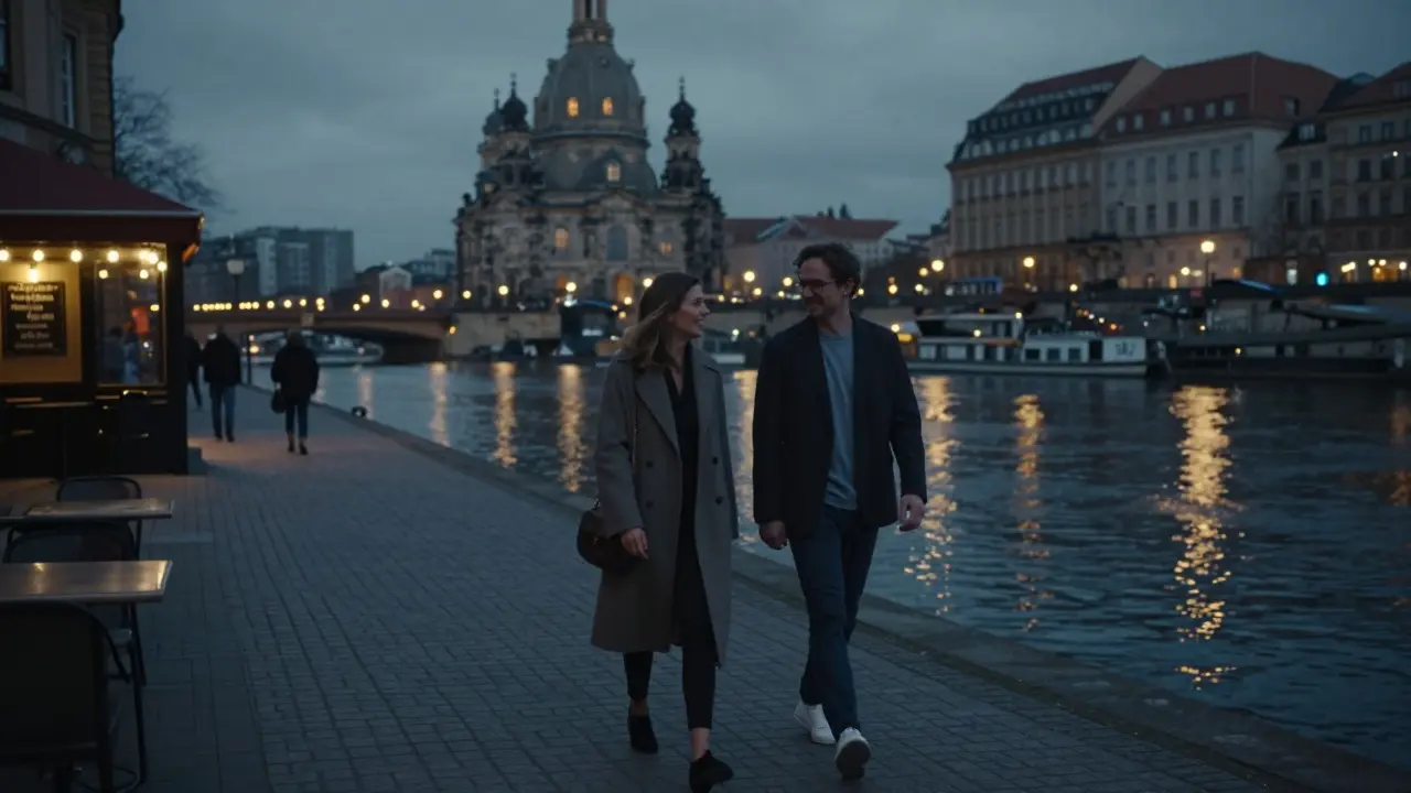 Two people walking peacefully along the Spree River under moonlight.