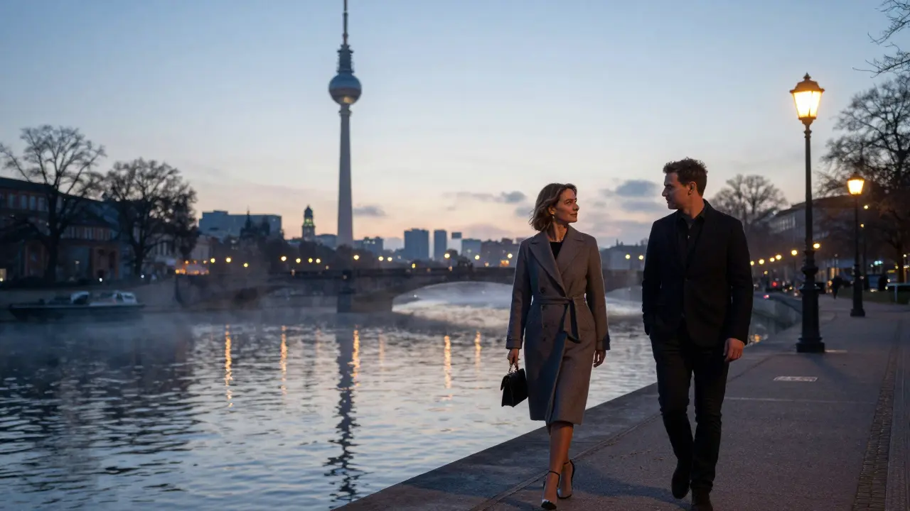 Two people walking peacefully along the Spree River under soft evening lights, Berlin Tower in the distance.