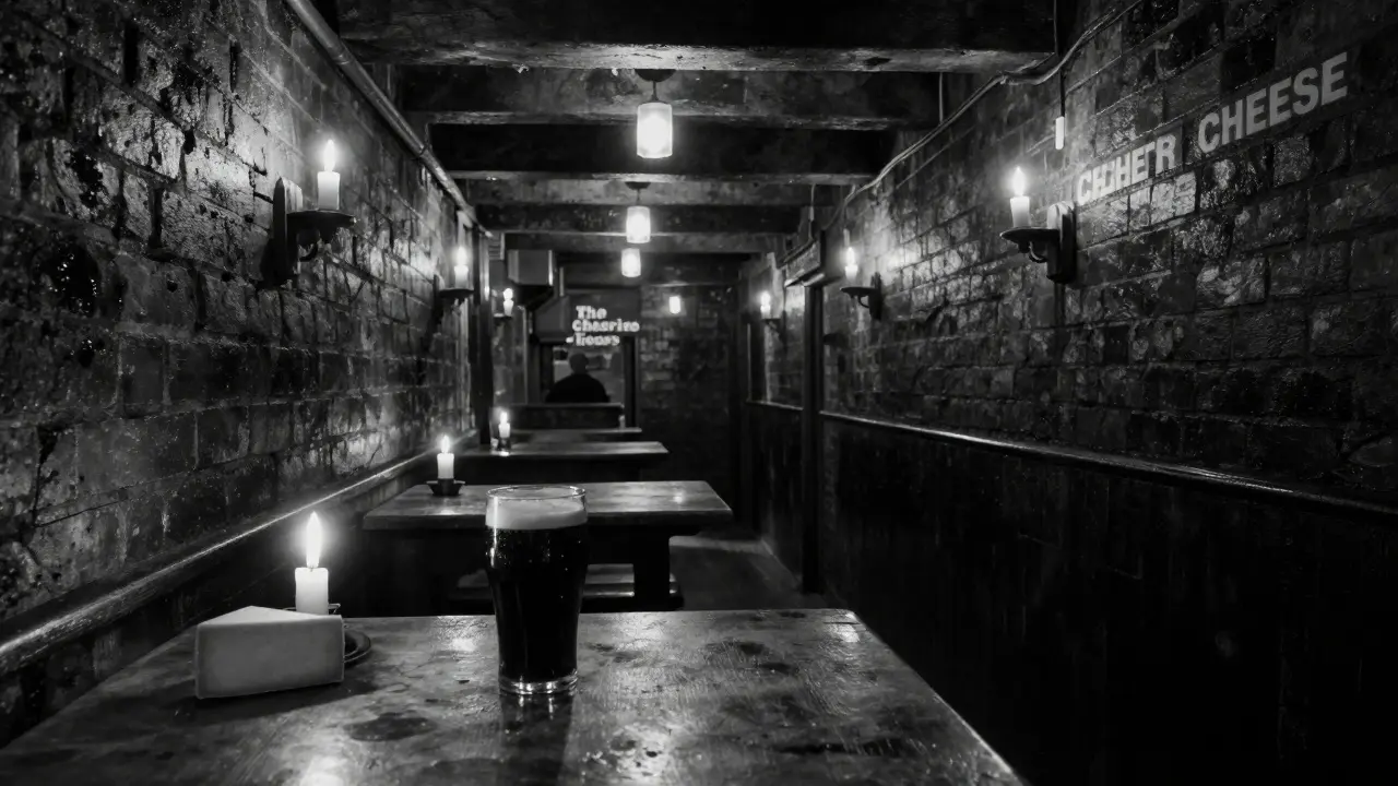 Underground bar of The Cheshire Cheese lit by candlelight, dark ale on wooden table.