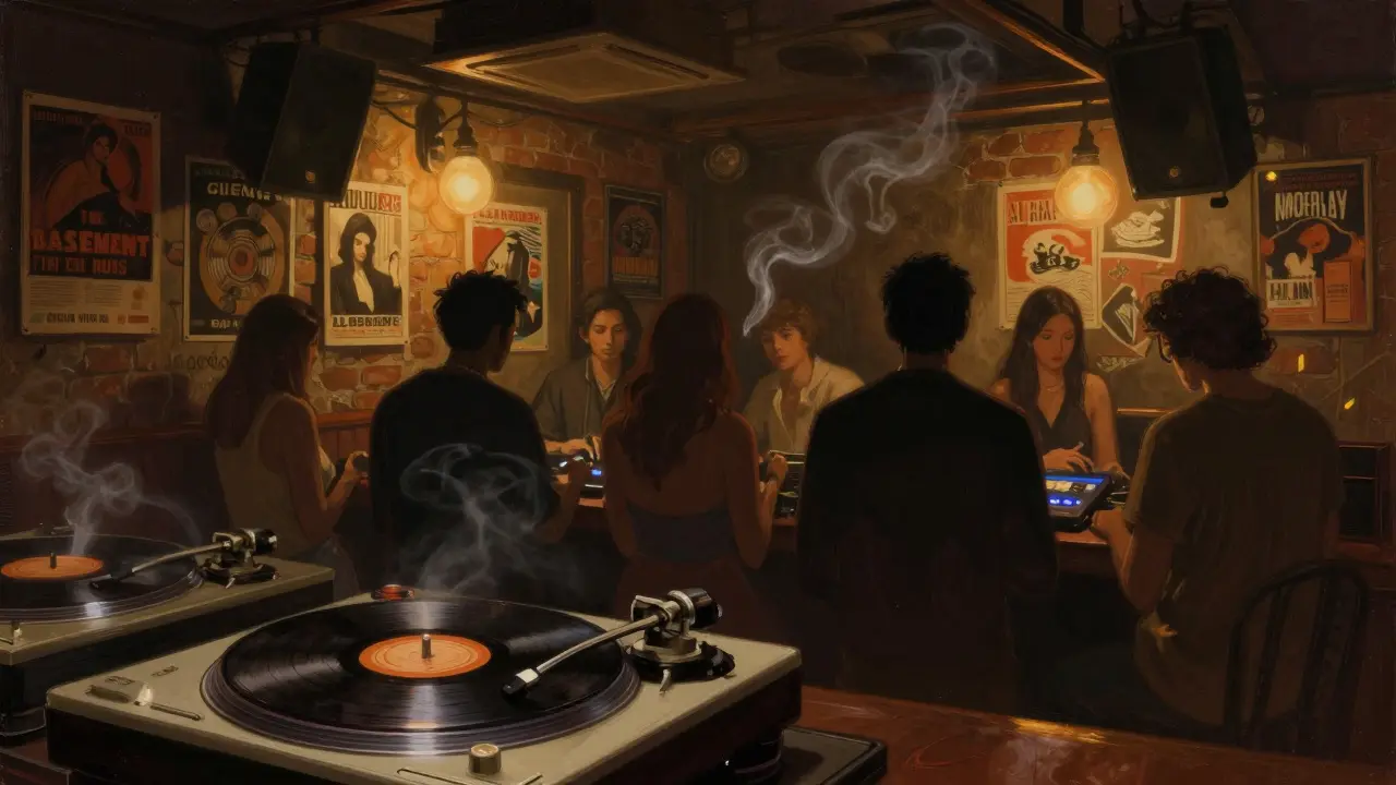 Underground club The Basement with vinyl records, dim lighting, and a crowd immersed in music.