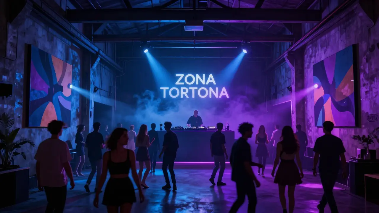 Underground techno club in Zona Tortona with moody lighting and stylish crowd dancing subtly.