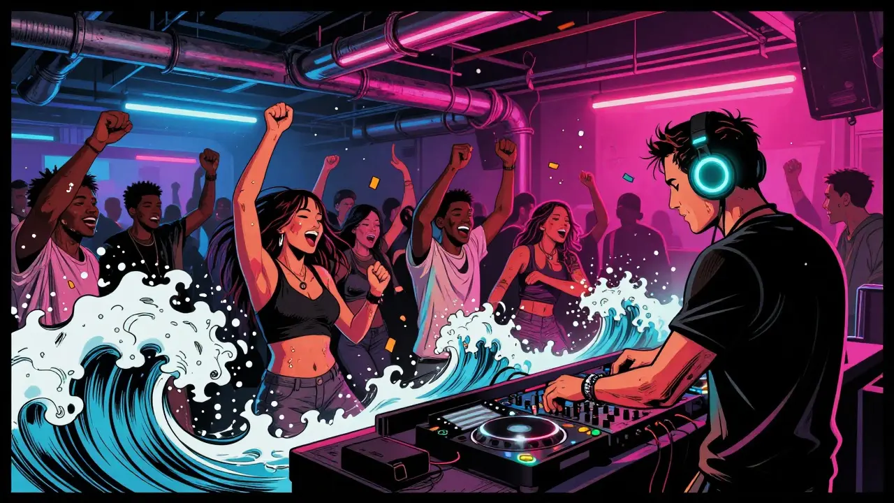 Vibrant dance floor at an underground Paris club with neon lights, dancing crowds, and a DJ behind the decks.