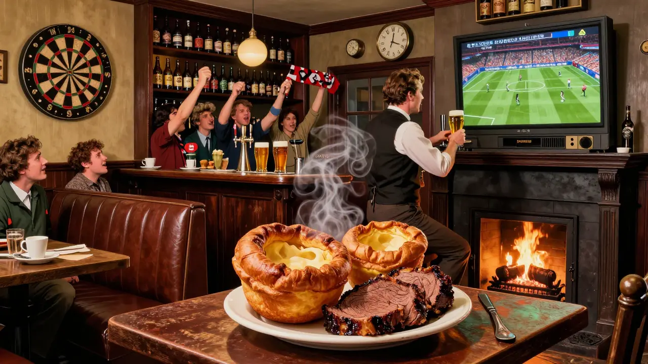 Vintage British pub scene with leather booths, a dartboard, and a crowd watching a football match under warm lamplight.