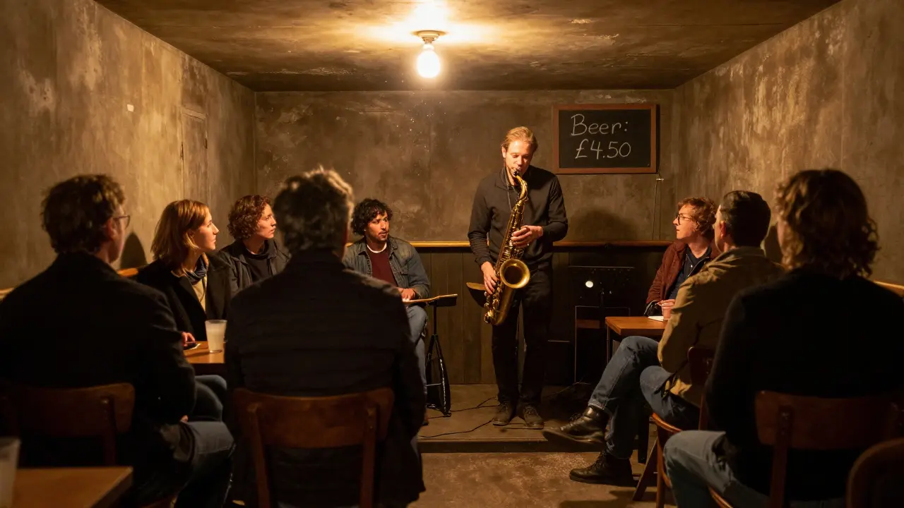 A basement jazz room with a saxophonist playing to a small, quiet crowd under a single bulb.