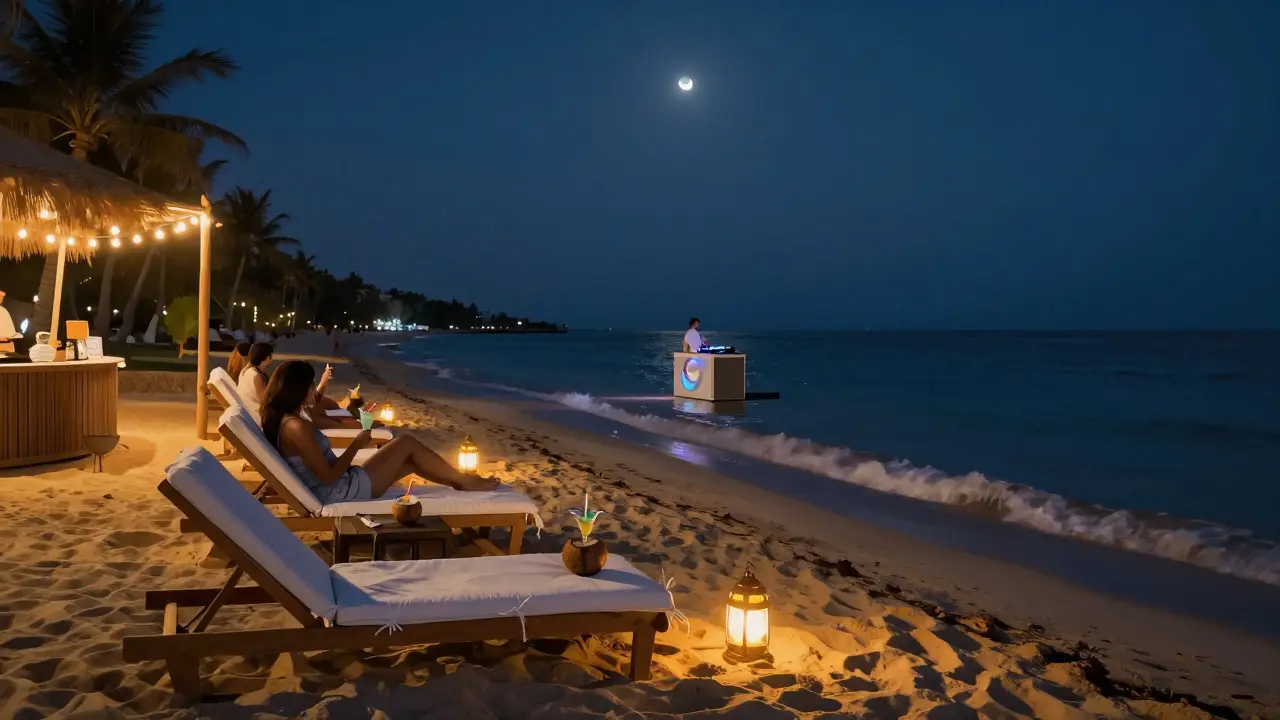 A beachside lounge at night with guests sipping cocktails by the water, string lights and lanterns glowing softly.
