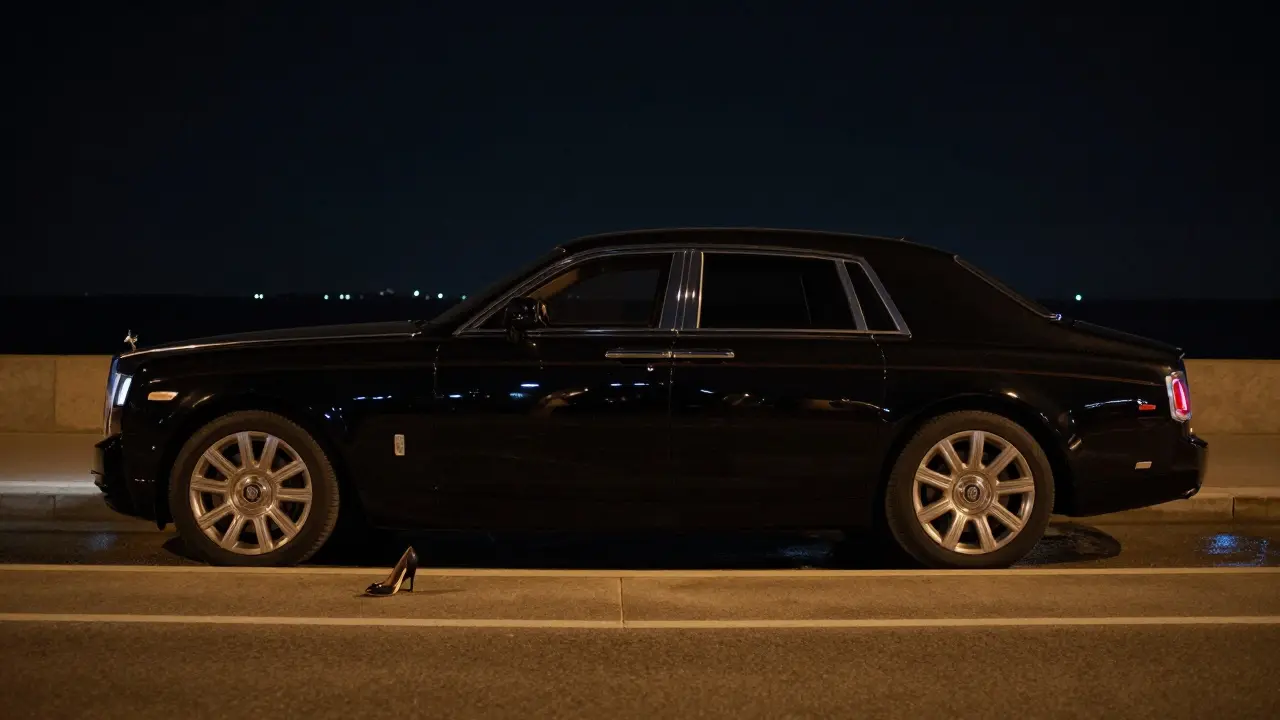 A black Rolls-Royce Phantom parked silently along the Corniche at night, no license plate visible, ambient city lights reflecting on wet pavement.