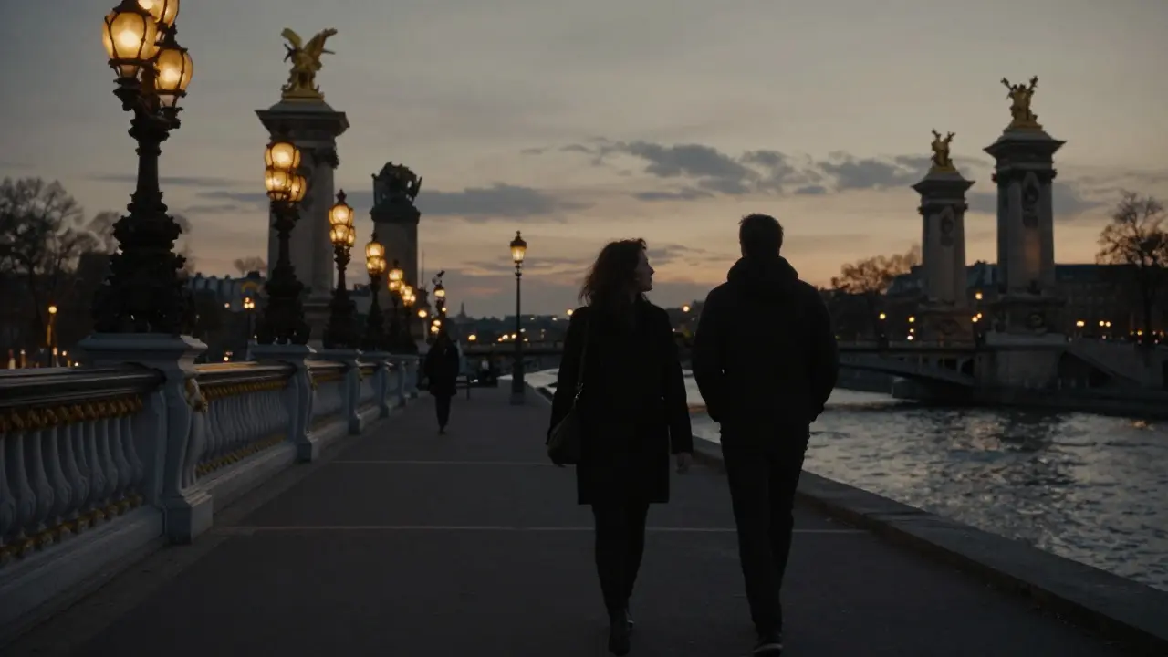 A client and companion walking side by side along Pont Alexandre III at dusk, silhouetted against the city lights.