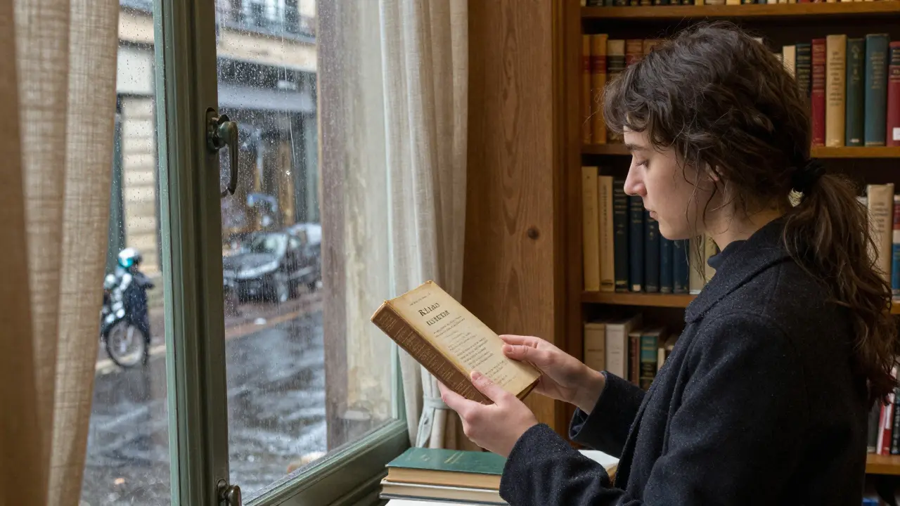 A companion handing a book to a traveler in a quiet Parisian bookstore on a rainy afternoon.