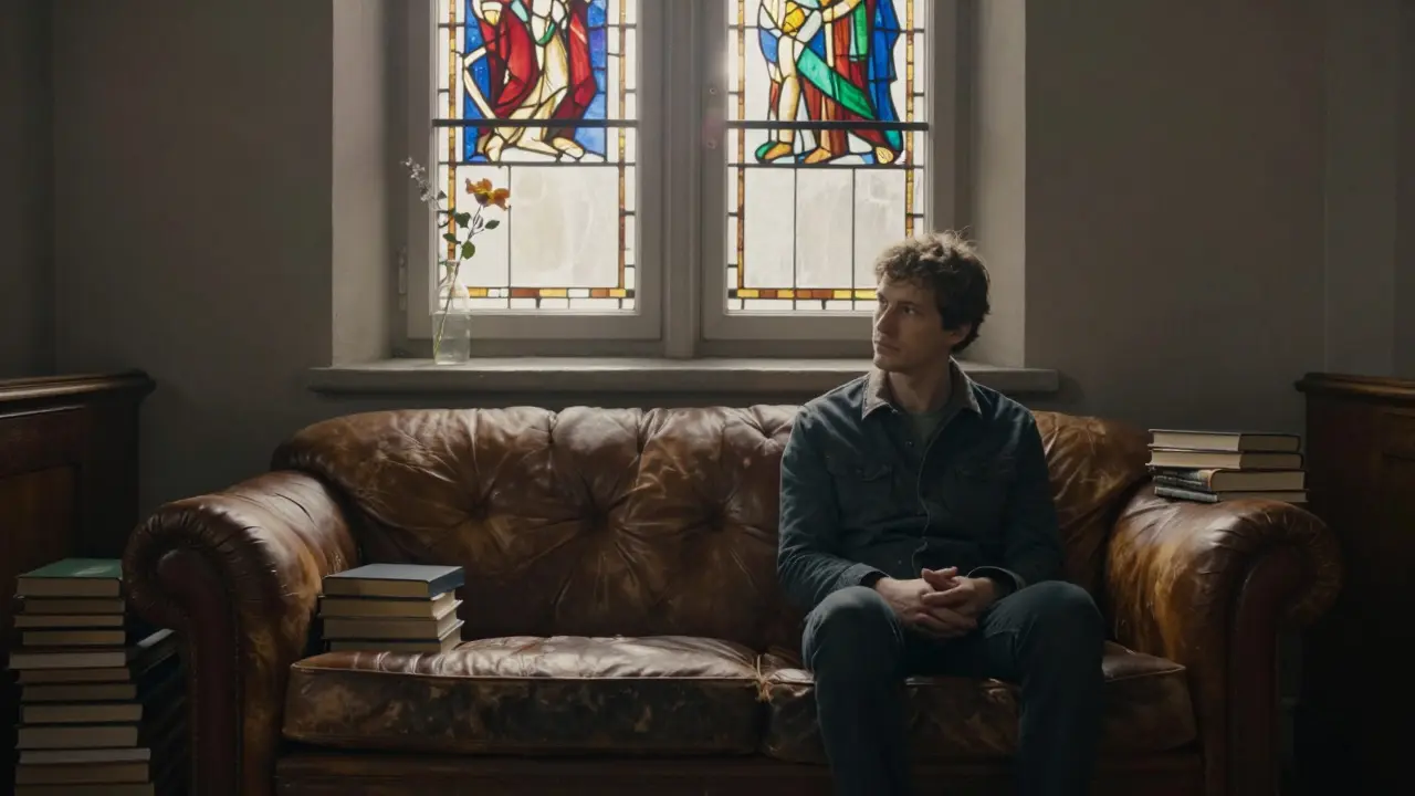 A converted chapel in Kreuzberg with soft light, books, and a solitary sofa radiating stillness.