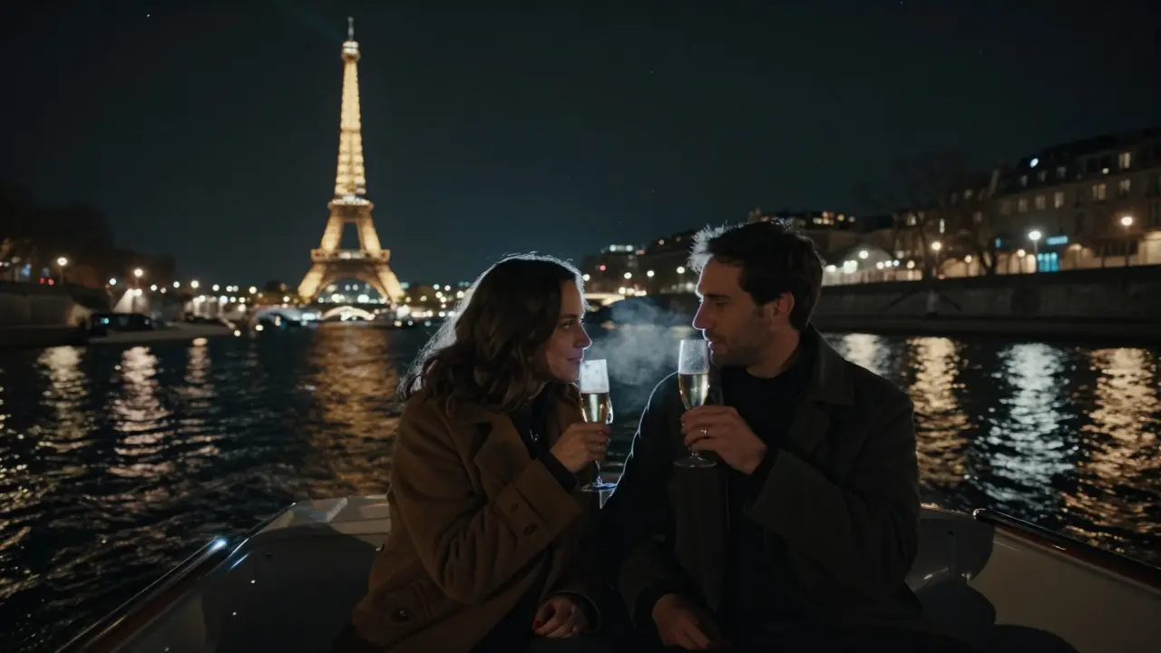 A couple enjoys a private boat ride on the Seine at night, city lights glowing on the water.