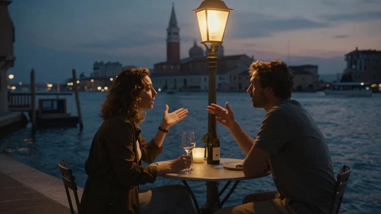 A couple enjoys a quiet dinner by the Navigli canal at sunset, engaged in thoughtful conversation.