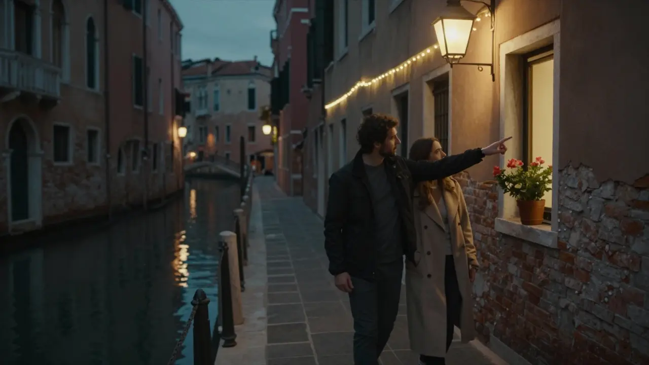 A couple walks along the Navigli canals at night, water reflecting warm lantern lights as one points to a window with a single flower.