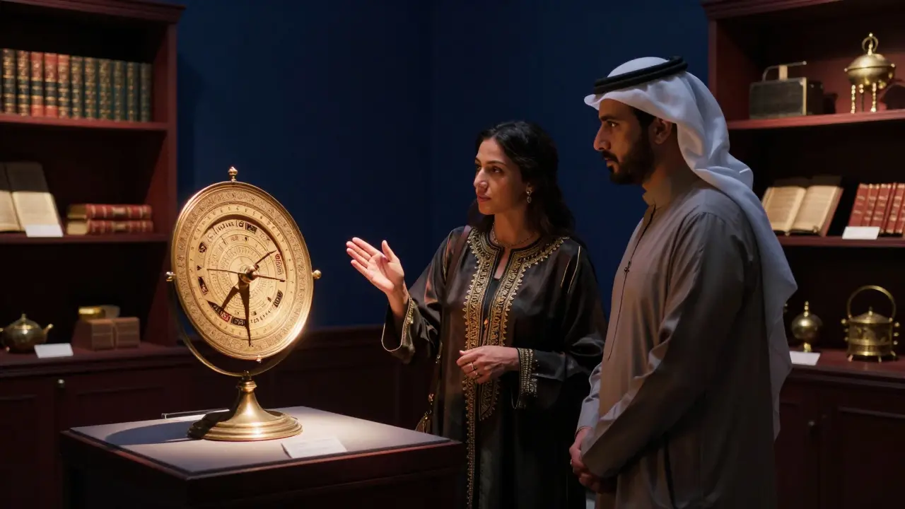 A curator and guest examine an ancient astrolabe in a private gallery, lit by a soft spotlight amid rare artifacts.