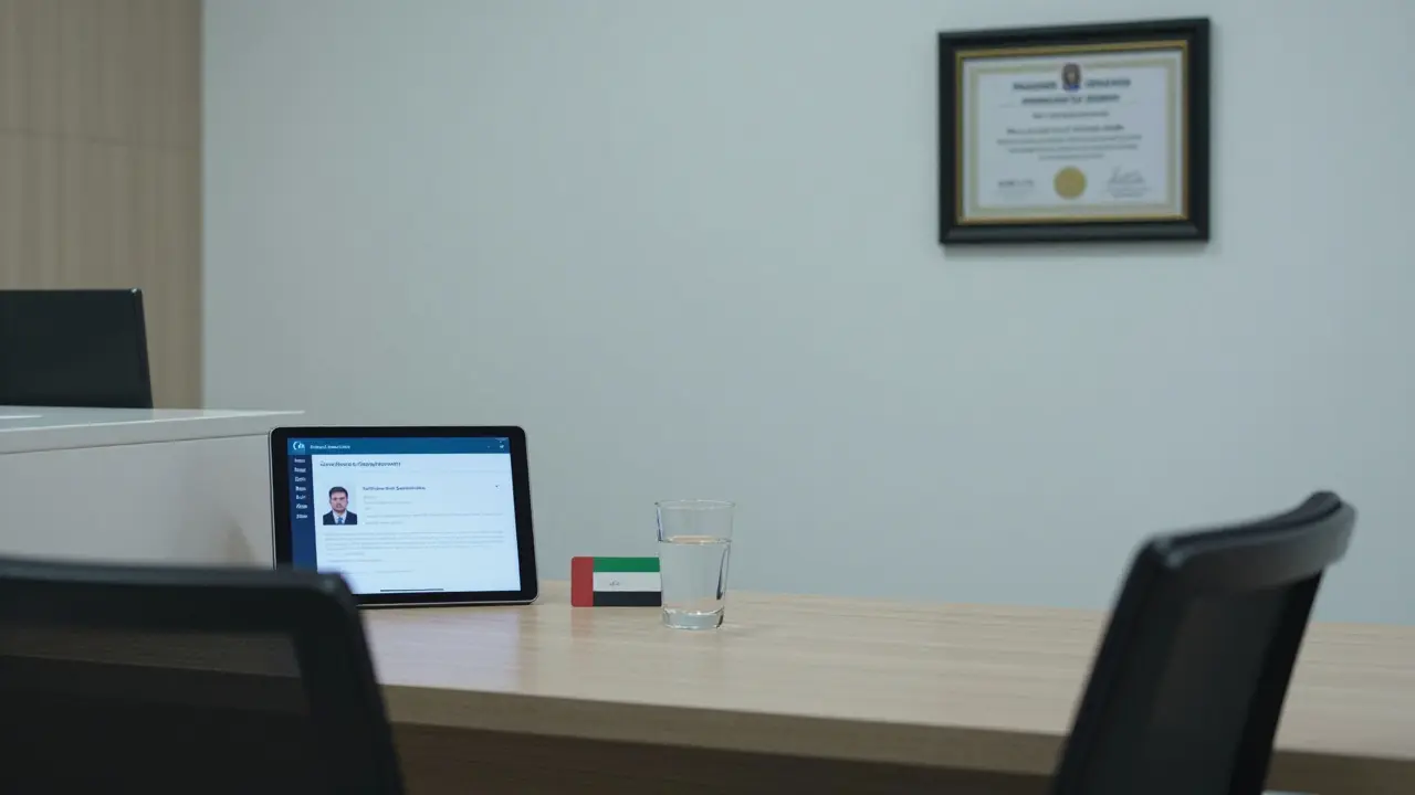 A discreet agency office with a service agreement and UAE ID on display, conveying professionalism and legality.