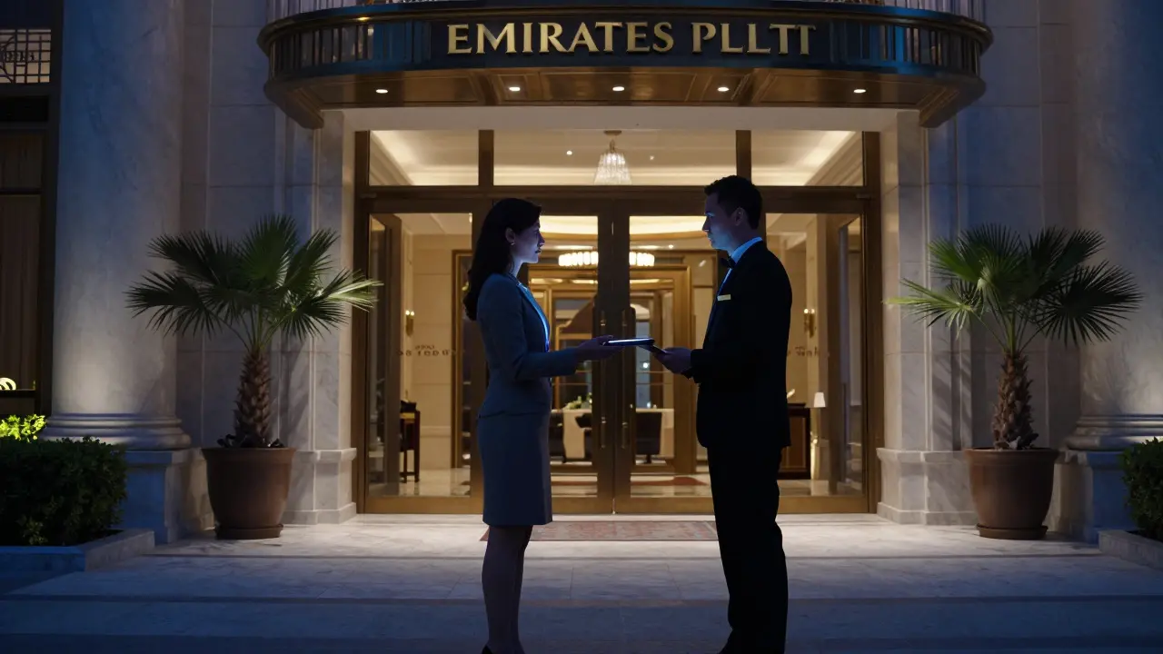 A discreet handoff between a woman and hotel concierge at Abu Dhabi’s Emirates Palace, under soft ambient lighting.