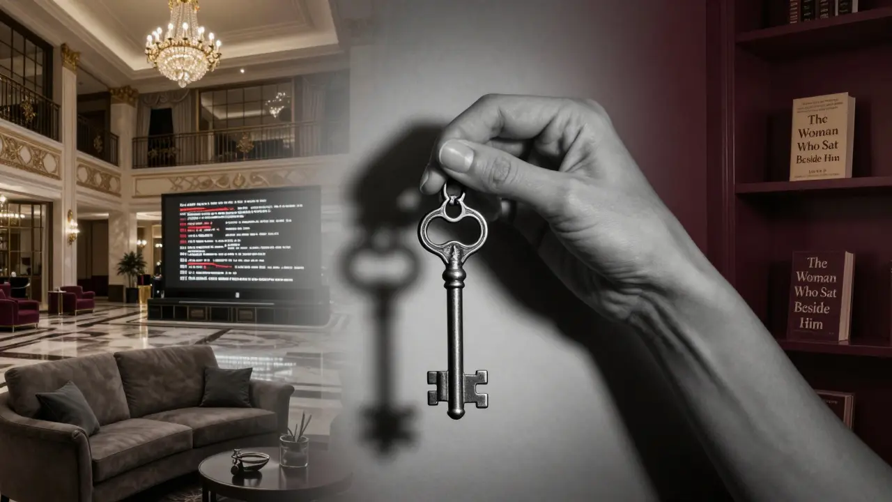 A hand holding a key, overlaid with subtle images of hidden lives: a hotel, a message, a therapist’s couch, and a book.
