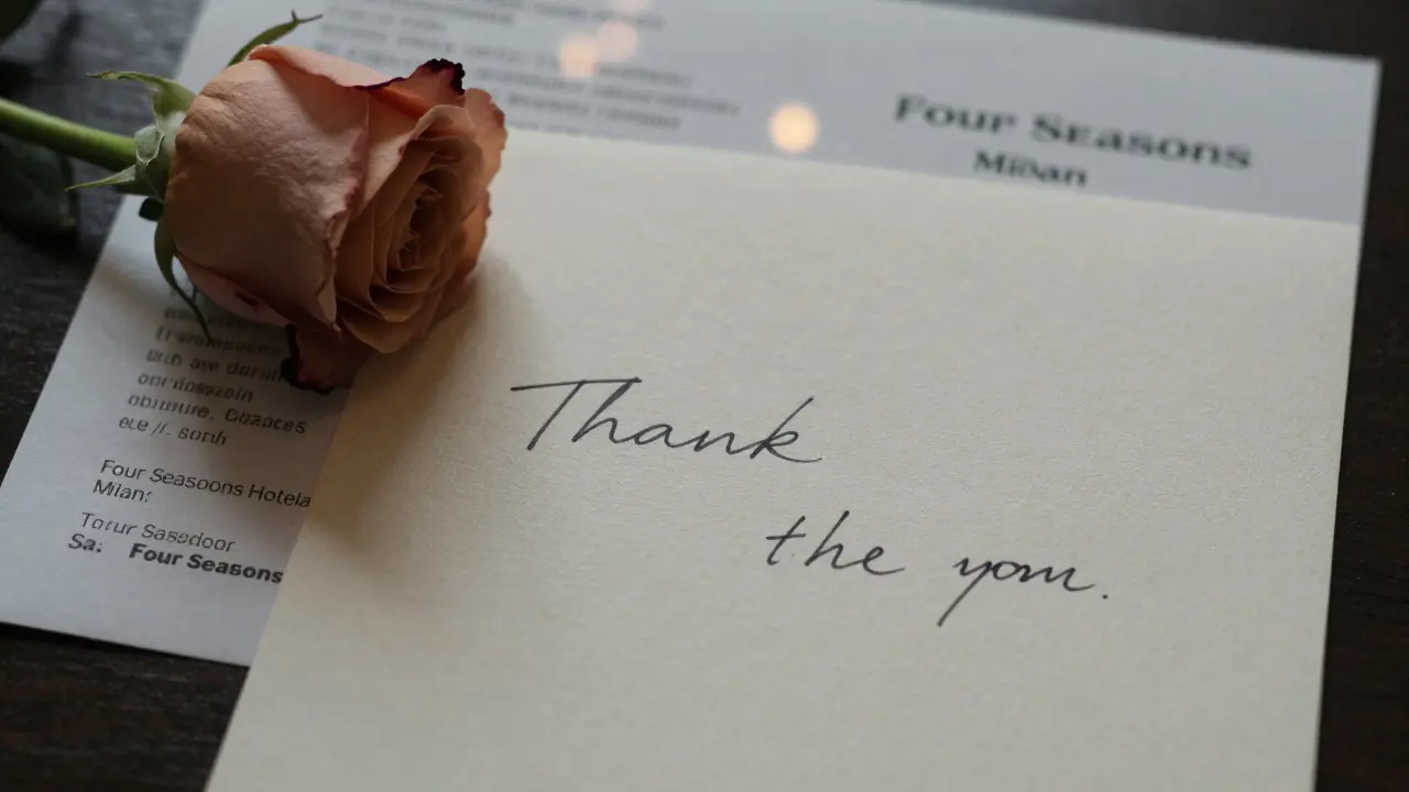 A handwritten thank-you note and receipt lie beside a rose, symbolizing a respectful and memorable encounter.