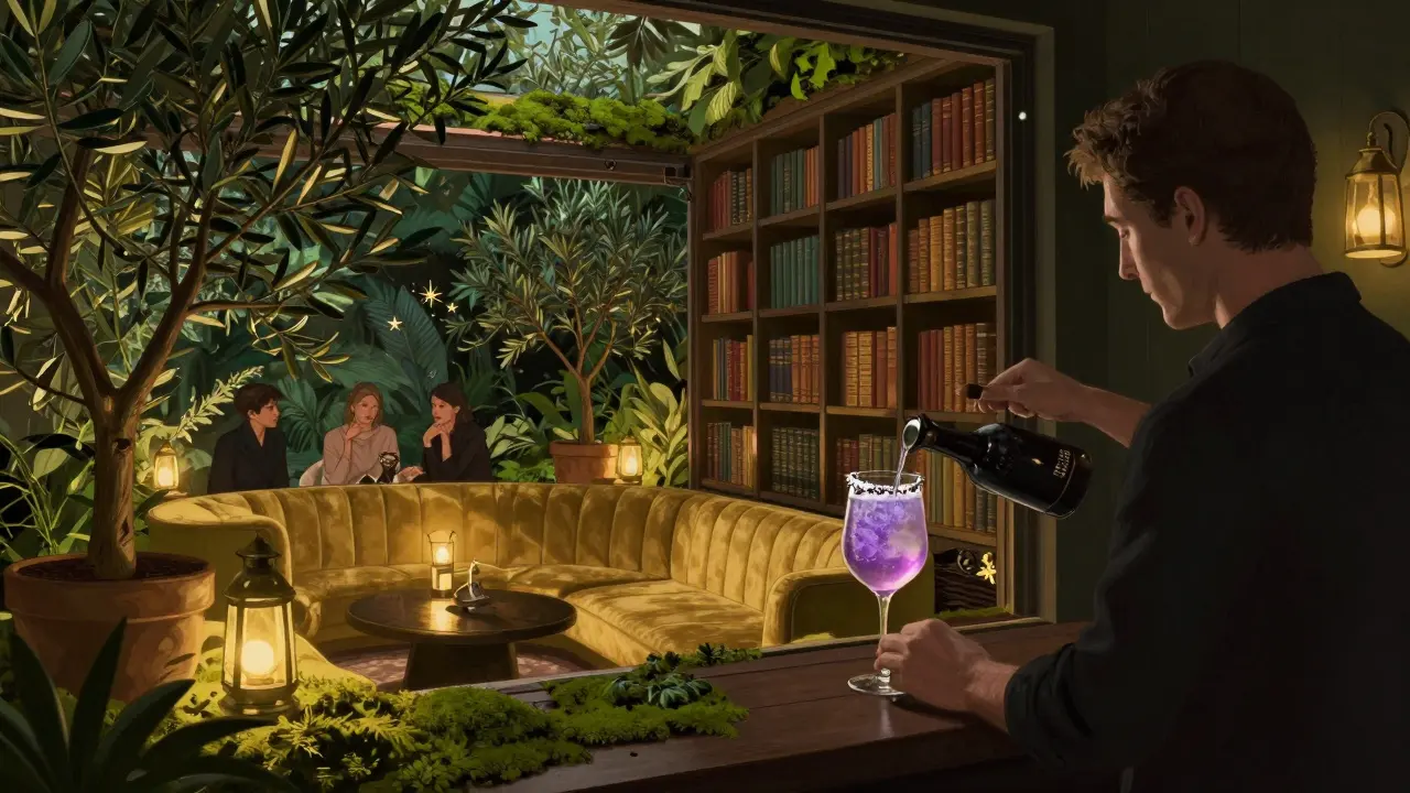 A hidden garden lounge with velvet couches, olive trees, and golden lantern light where people sip artisanal cocktails in quiet conversation.